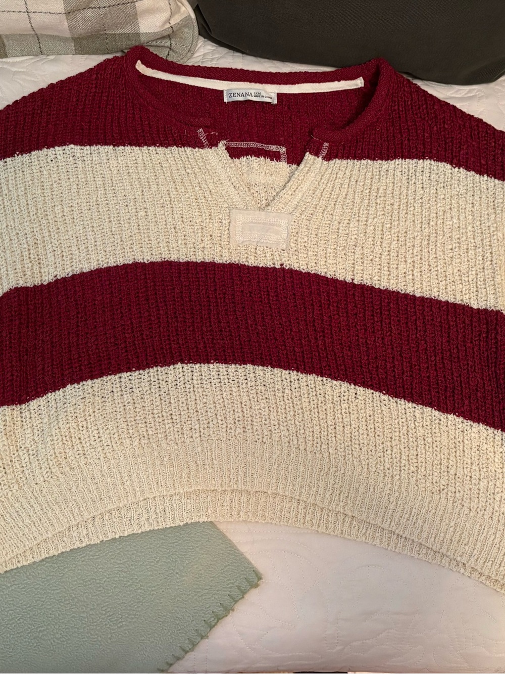Zenana Striped Crewneck Short Sleeve Sweater - Cream & Burgundy